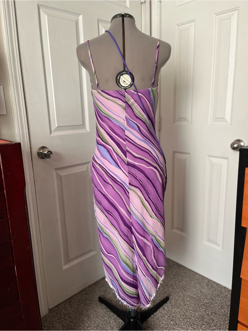 My Michelle Y2K Abstract Asymmetric Stripes Midi Dress, Purple & Green, Size S/M - Picture 3 of 6